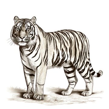 1800s-Style Siberian Tiger Engraving on White: Vintage Illustration
