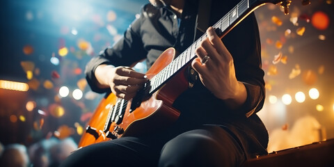 Guitarist on stage and sings in a concert for background, soft and blur concept. - obrazy, fototapety, plakaty