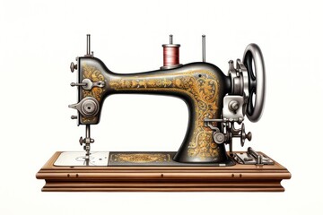 Fototapeta na wymiar Engraved Antique Sewing Machine from Victorian Era on White Background.
