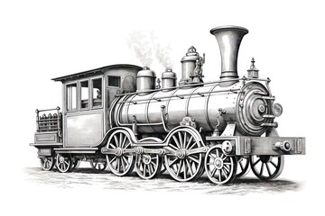 Elegant Steam Engine Engraving on White - 668785136