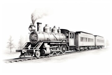 Antique Steam Locomotive Engraving on White - Classic - 668785143