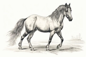 Classic horse artwork in vintage engraving style on white background.