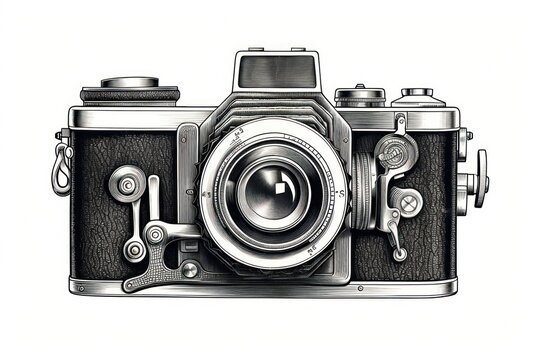 Engraved Vintage Camera on White: Classic Illustration