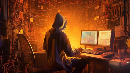 Hacker in front of the PC in the apocalyptic future.