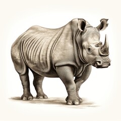 Fototapeta premium Vintage Engraving of White Rhinoceros in 1800s Style on White Background.