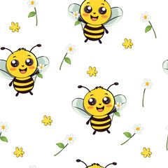 seamless pattern of cute bee with daisy on a white background, print for clothes, wrapping paper, wallpaper