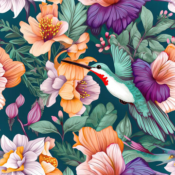Tropical Harmony: A Floral and Bird Pattern,pattern with flowers and birds,Seamless Pattern Images