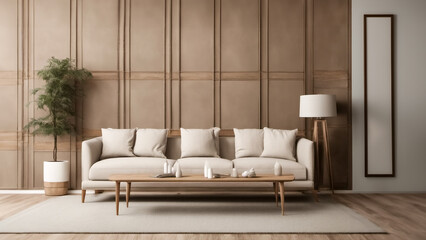 Concept di design per interni- Divano marrone con dettagli in legno in un soggiorno luminoso