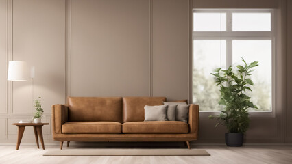 Interni di casa- Soggiorno con divano marrone e parete
