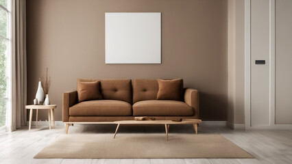 Mockup di design per interni- Divano marrone con dettagli in legno in un luminoso soggiorno