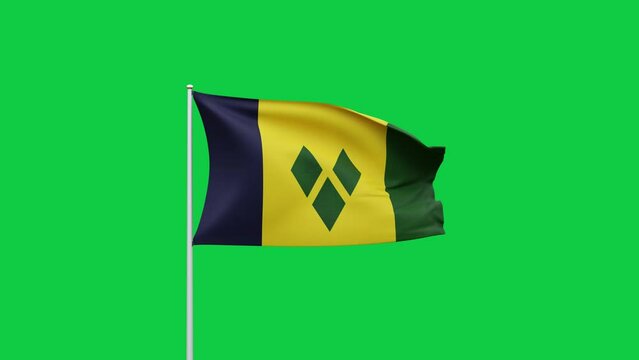 Saint Vincent and the Grenadines flag waving in the wind on green screen background. 3d rendering, Digital animation footage for video content, social media, reels etc.