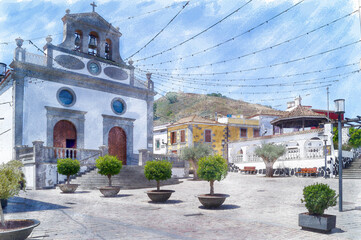 Fototapeta na wymiar watercolor illustration, Vega de San Mateo, in Gran Canaria, Canary Islands