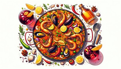 Vibrant Spanish Paella and Sangria Illustration