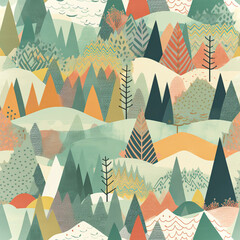 Geometric Autumn: An Abstract Mountain Landscape,seamless pattern with trees and mountains