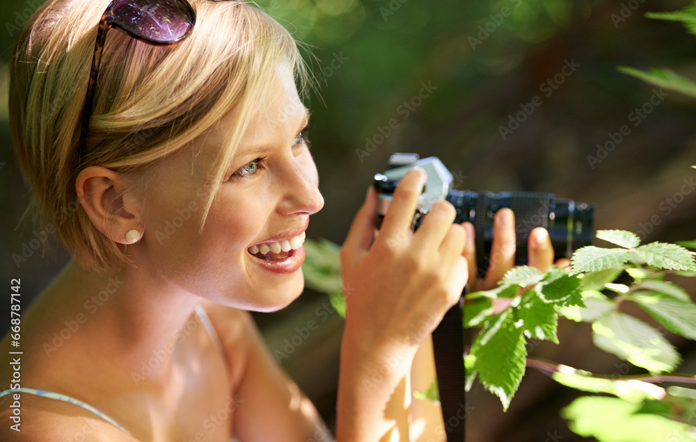 Sticker Discovery, photographer and nature with woman in forest for trees, environment and relax. Shooting, camera lens and photography with face of female person in woods for travel, tourism and summer