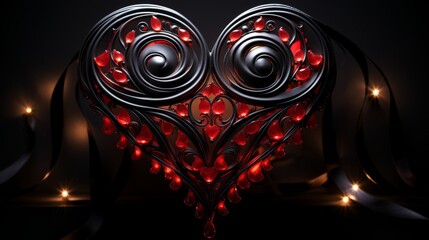 Red Heart-Shaped Ribbon on Dramatic Black Background - Perfect for Valentine's Day and Love-Themed Designs, Romantic Elegance