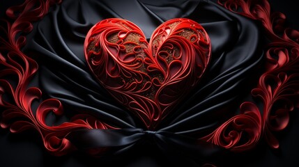 Red Heart-Shaped Ribbon on Dramatic Black Background - Perfect for Valentine's Day and Love-Themed Designs, Romantic Elegance