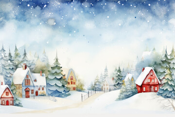 Fototapeta na wymiar Pine tree with snow invitation backdrop, christmas greeting watercolor