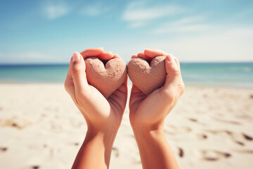 A couple's hands forming a heart on a beach