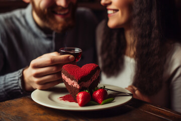 A couple sharing a slice of heart-shaped cake - obrazy, fototapety, plakaty