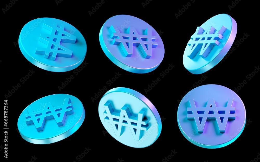 Poster 3d coin rendering illustration. coins isolated in different views. set of colorful coins. won coin 3