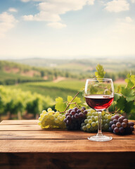 Wood table top with a glass of wine on blurred vineyard landscape background