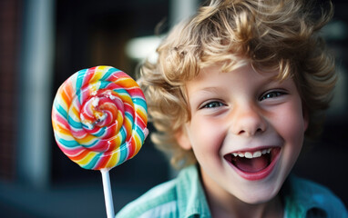 Funny looking smiling child boy with a lollipop