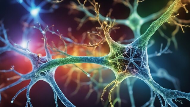 A neuron  in the brain with neurons firing and a colorful scheme.  