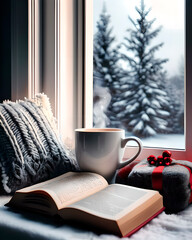 Ilustración naive de ambiente acogedor y navideño con cojines, taza humeante, libro y decoración en el alféizar de la ventana con nieve en el exterior