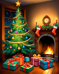 Ilustración naive, ingenua, infantil de ambiente acogedor y navideño con cojines, taza humeante, libro y decoración en el alféizar de la ventana con nieve en el exterior