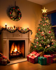 Regalos de Navidad al pie del árbol de Navidad bellamente decorado, con la chimenea encendida al lado, de noche, hiperrealista, hiperdetallado, 4K - obrazy, fototapety, plakaty
