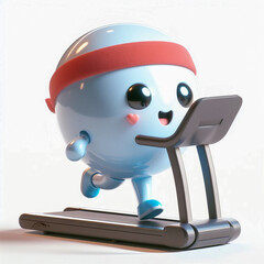Obraz premium White cartoon robot in a headband running on a treadmill. 3d mascot of AI assistant, generative ai