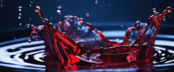 red water drops. Coloring water splash. black background and white shiny light. generated AI.