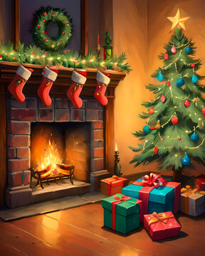 Ilustración naive, ingenua, infantil de ambiente acogedor y navideño con cojines, taza humeante, libro y decoración en el alféizar de la ventana con nieve en el exterior