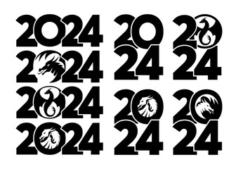 Big Set of logos 2024 with dragons. Icon with the symbol of the year. Simple, modern, black and white illustration. Chinese New Year.
