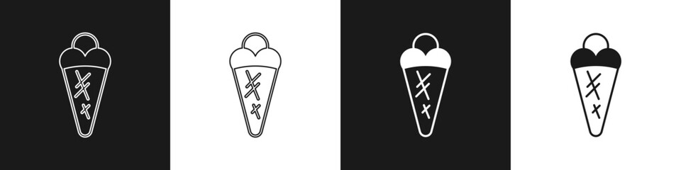 Set Ice cream in waffle cone icon isolated on black and white background. Sweet symbol. Vector