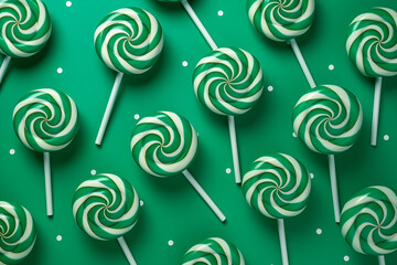 Fototapeta na wymiar candy lollipops on a green background, pattern, happy new year and christmas