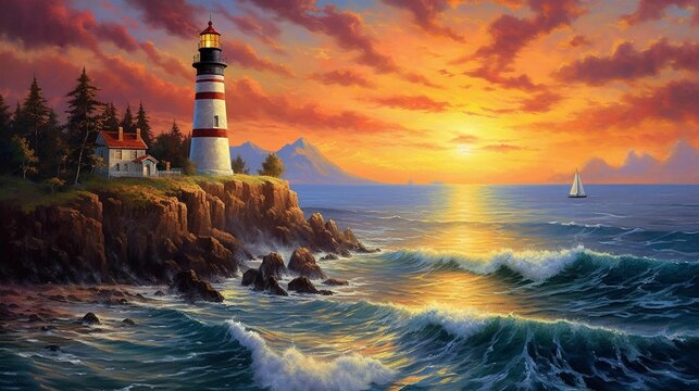 An AI illustration of a painting of a lighthouse on a rocky coast with waves