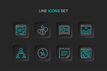 Fototapeta premium Set line Online shopping on screen, Notebook, Discount percent tag, Employee hierarchy, Browser with stocks market, Safe, Financial growth dollar and Advertising icon. Vector