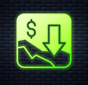 Glowing neon Financial growth decrease icon isolated on brick wall background. Increasing revenue. Vector