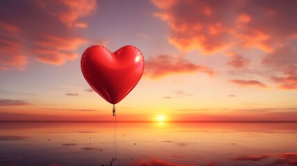 A heart-shaped balloon held against the backdrop of a romantic sunset, symbolizing love and warmth.