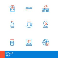 Set line Medal for coffee, Coffee book, Electric grinder, Location with cup, Milk bottle, Electronic scales and filter holder icon. Vector