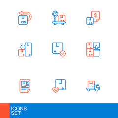 Set line Delivery cargo truck, security with shield, Waybill, Warehouse boxes, Carton cardboard, and Scale icon. Vector