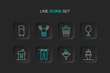 Set line Toilet bowl, Washbasin, Drying clothes, House, Wine glass, Trash can, Towel on hanger and Refrigerator icon. Vector
