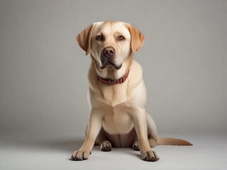 Perro de raza Labrador, sentado, mirando hacia el frente, sobre fondo blanco