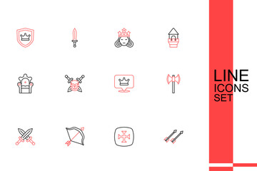 Set line Medieval arrows, Crusade, bow and, Crossed medieval sword, poleaxe, King crown, Skull with and throne icon. Vector