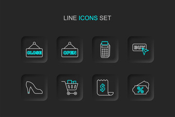 Fototapeta premium Set line Discount percent tag, Paper check and financial check, Shopping cart food, Woman shoe, Buy button, POS terminal, Hanging sign with text Open and Closed icon. Vector
