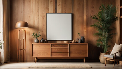 A rustic wooden cabinet stands next to a wall with an empty picture frame for your content. This is part of the interior design in a contemporary living room