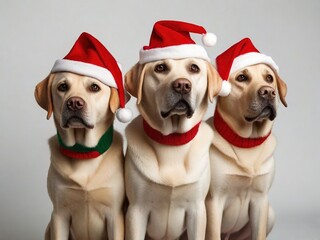 Tres perros raza labrador usando atuendo navideño