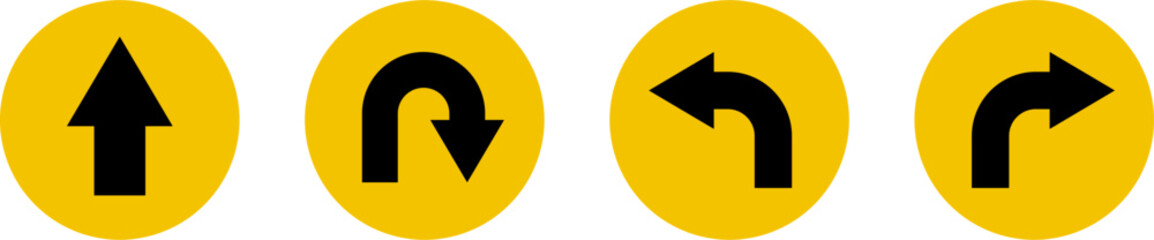 Go Straight This Way One Way Only U Turn Left and Right Black and Yellow Arrow Round Circle Traffic Sign Direction Icon Set. Vector Image.